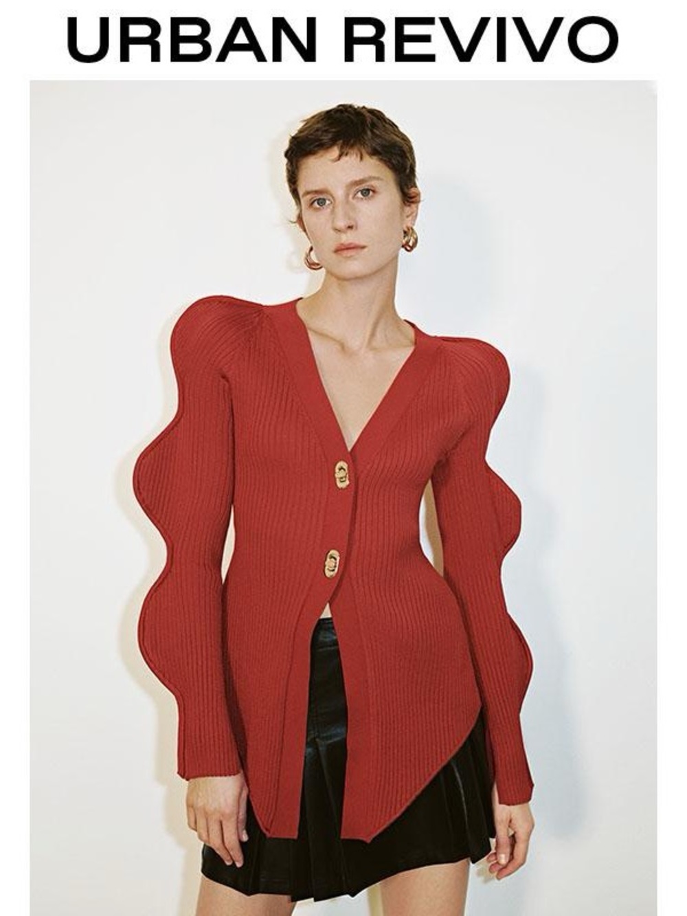 Urban Revivo Sculpted-Sleeve Red Ribbed Cardigan